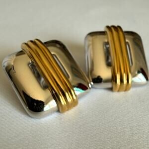 Vintage Monet Two Tone Clip On Earrings Gold Silver Geometric 80s Statement